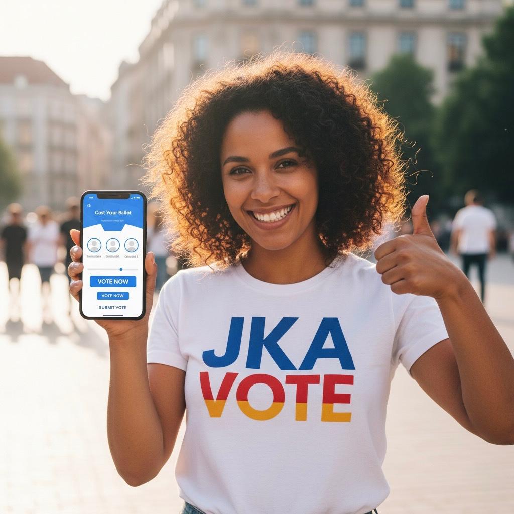 Happy woman showcasing the JKA VOTE mobile application